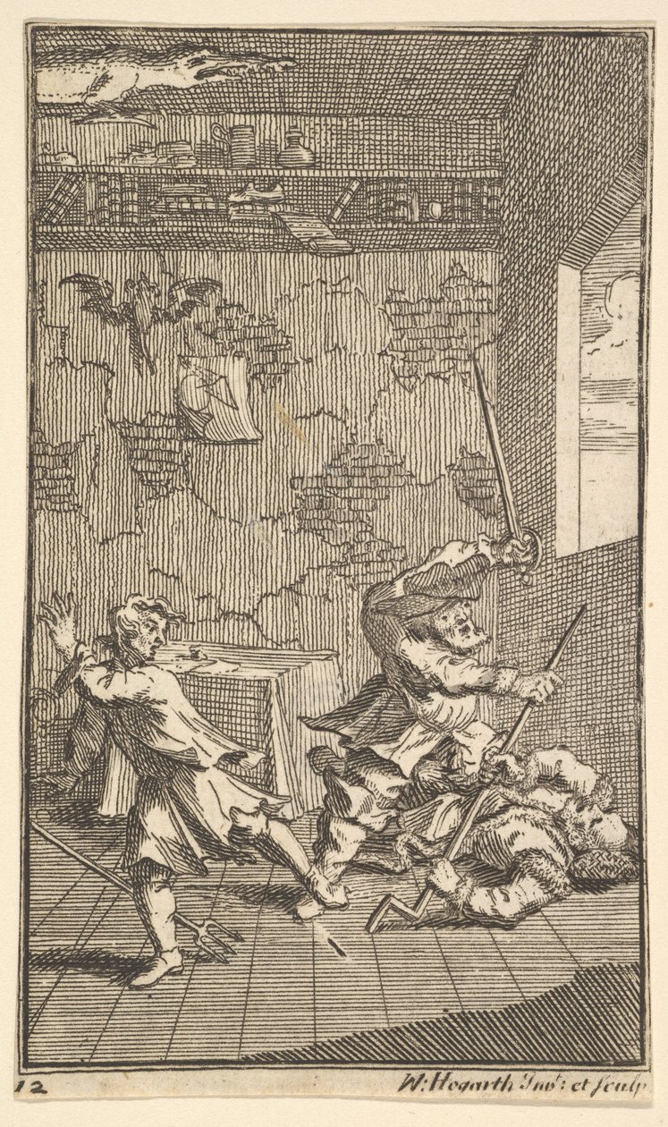 Hudibras slaat Sidrophel en Whachum Zeventien kleine illustraties voor Samuel Butler door William Hogarth
