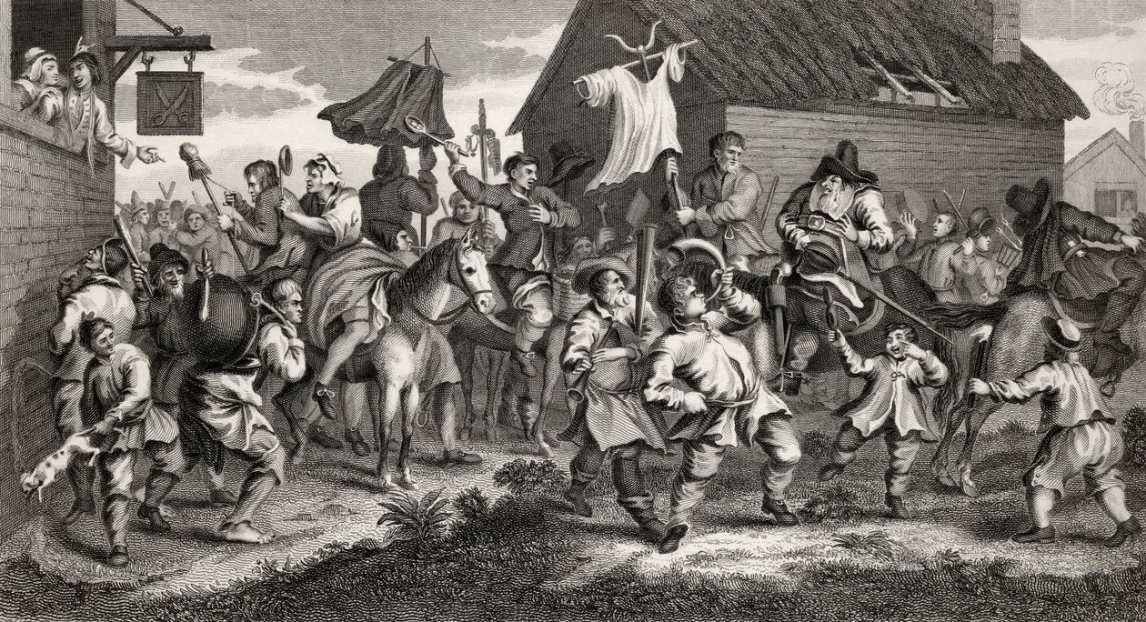 Hudibras ontmoet de Skimmington, gegraveerd door T.E. Nicholson, uit 