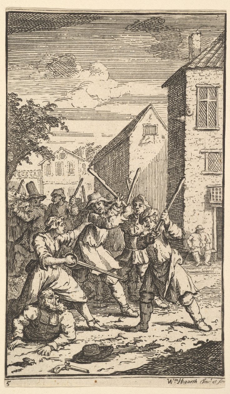Hudibras verslagen door Trulla, zeventien kleine illustraties voor Samuel Butlers Hudibras, 1721-26 door William Hogarth