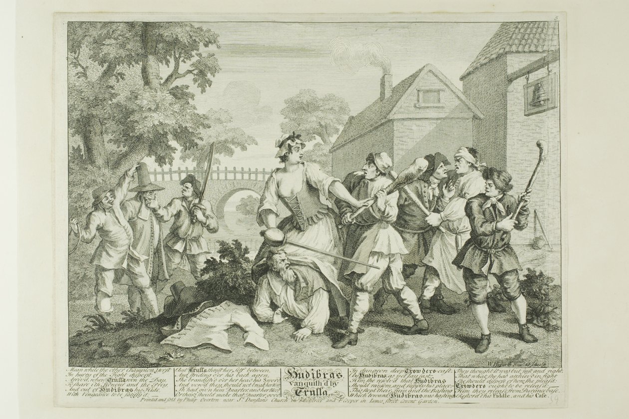 Hudibras overwonnen door Trulla, plaat vijf van Hudibras door William Hogarth