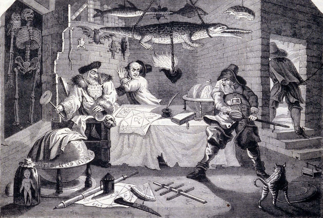 Hudribas valt astroloog Sidrophel en zijn knecht Whacum aan. Gravure door William Hogarth (1697-1764) voor het gedicht 