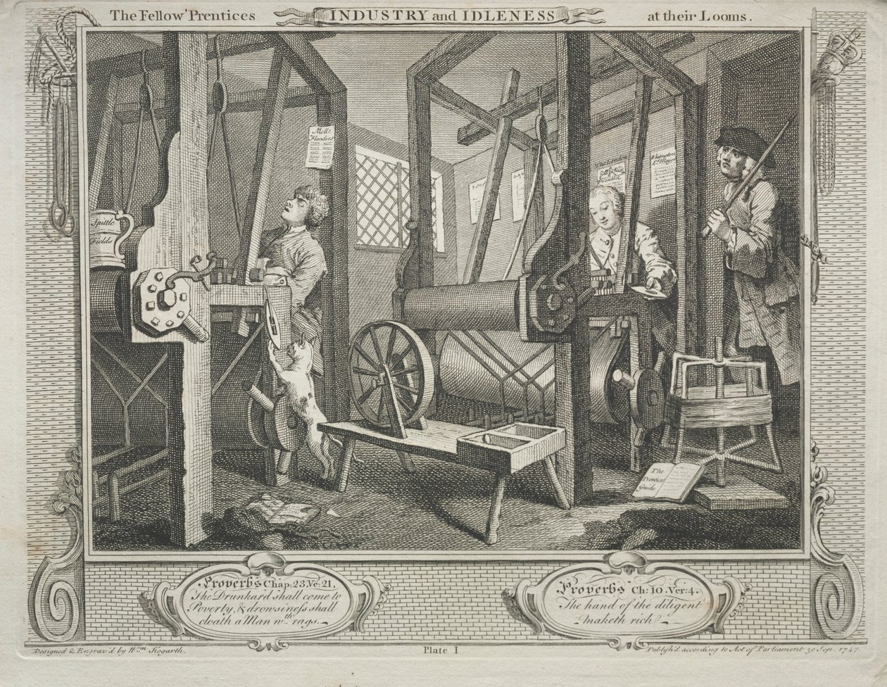 Industrie en luiheid: De mede-leerlingen aan hun weefgetouwen door William Hogarth
