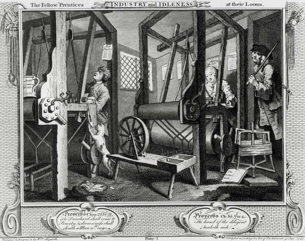 Industrie en Luiheid, De Leerlingen aan hun Weefgetouwen, plaat 1 door William Hogarth
