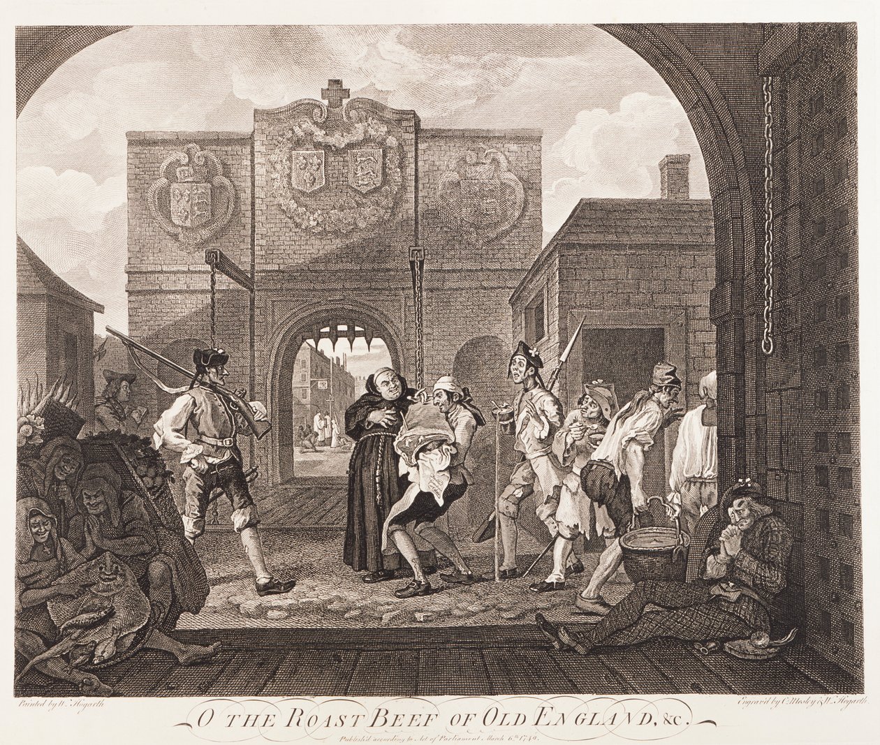 O het gebraden rundvlees van oud Engeland door William Hogarth