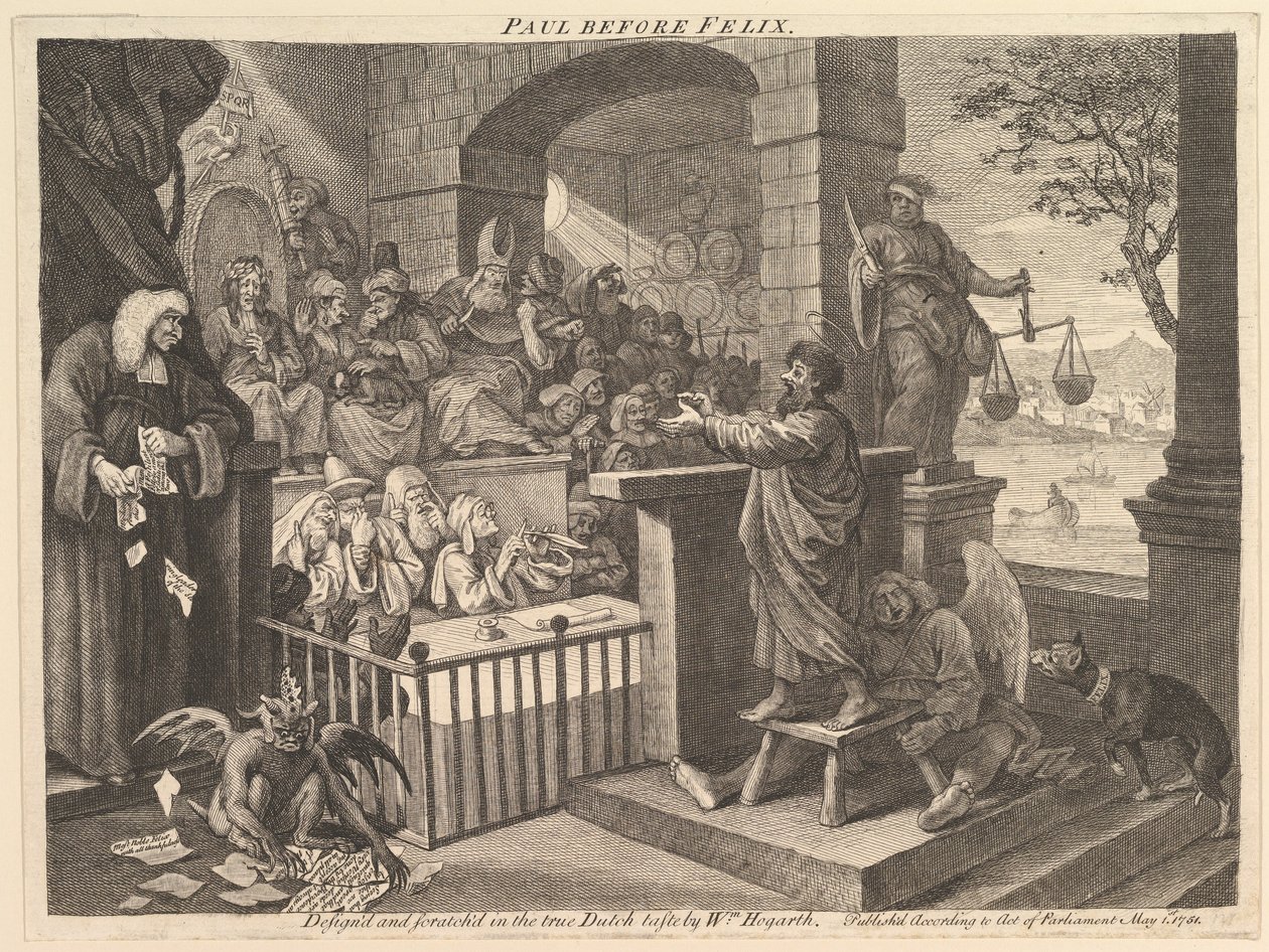 Paul voor Felix, op een burleske manier uitgebeeld door William Hogarth