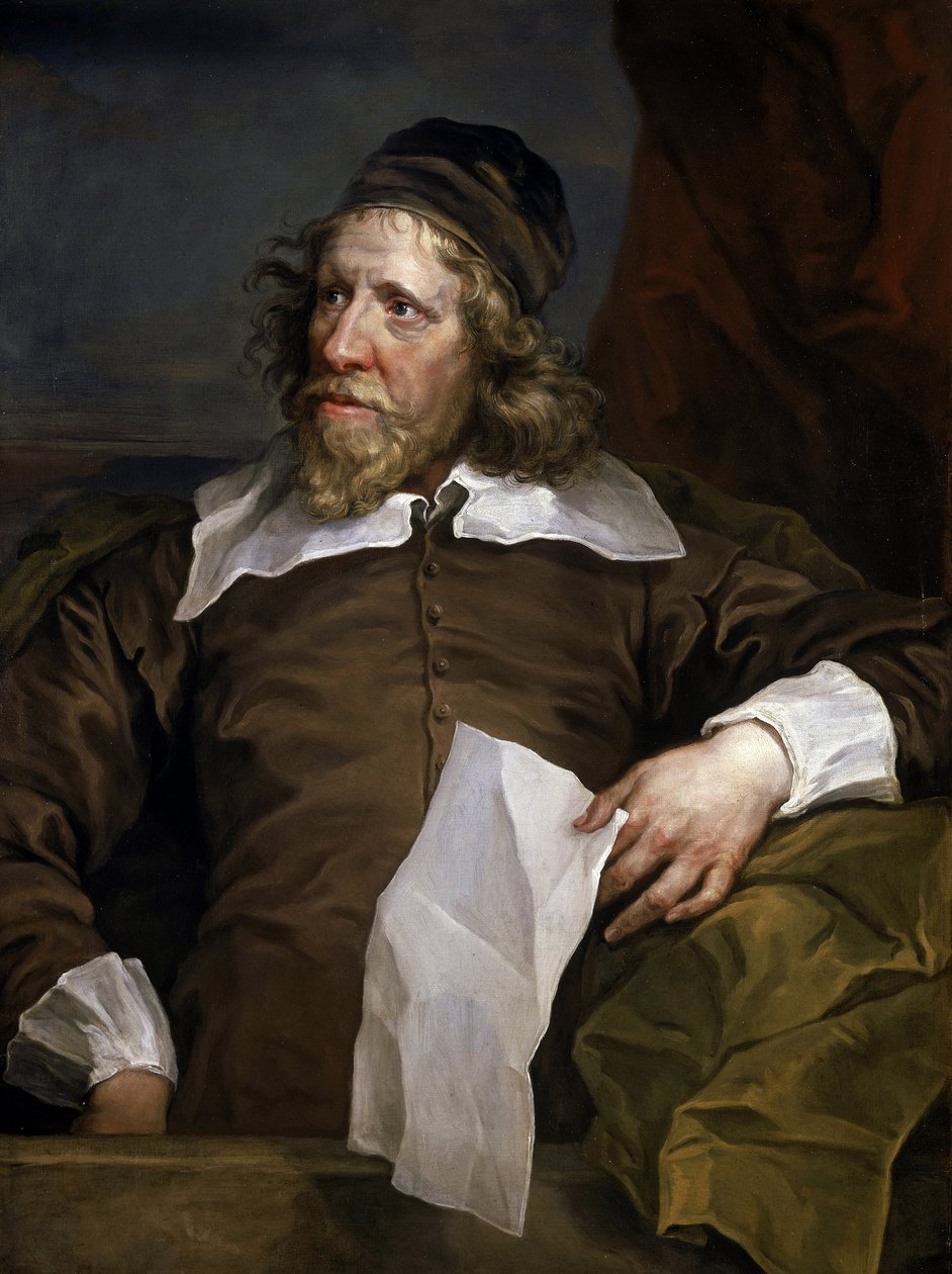 Portret van Inigo Jones (1573-1652), scenograaf en architect, hij introduceerde de Renaissance-architectuur aan het Britse koninklijke hof, na verblijven in Frankrijk en Italië door William Hogarth