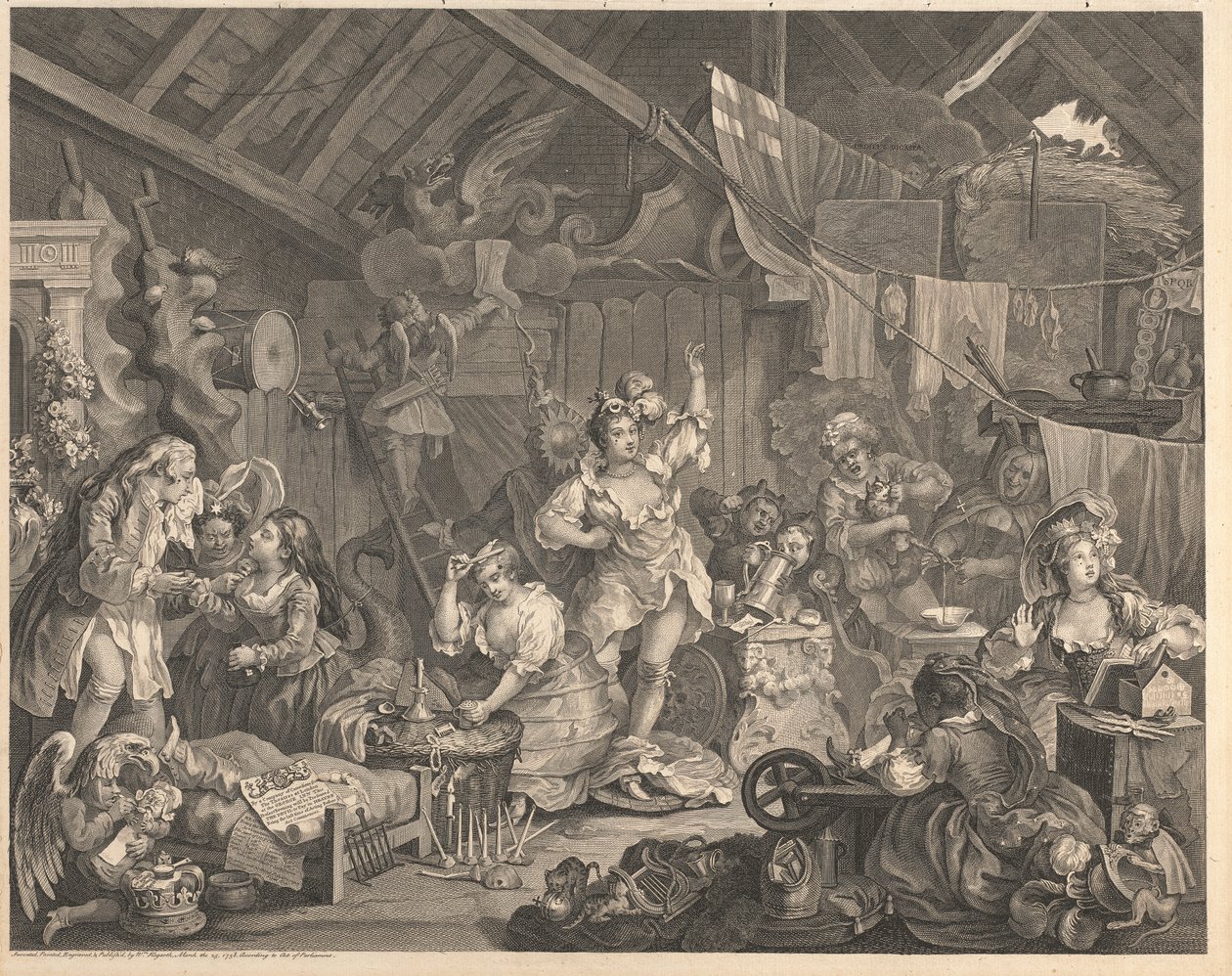Rondtrekkende actrices verkleden zich in een schuur door William Hogarth