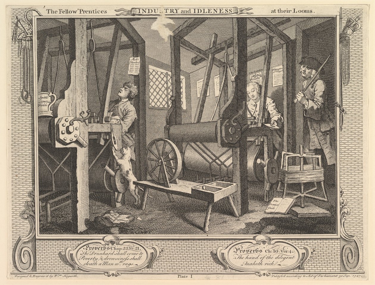 De Gezellen aan hun Weefgetouwen: Industrie en Luiheid, plaat 1 door William Hogarth