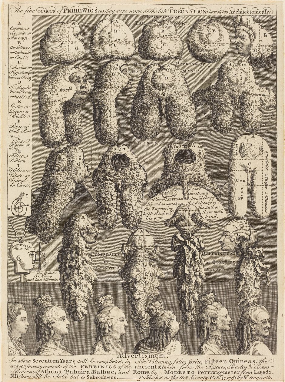 De Vijf Ordes van Pruiken zoals ze werden gedragen bij de Laatste Kroning, Architectonisch Gemeten door William Hogarth