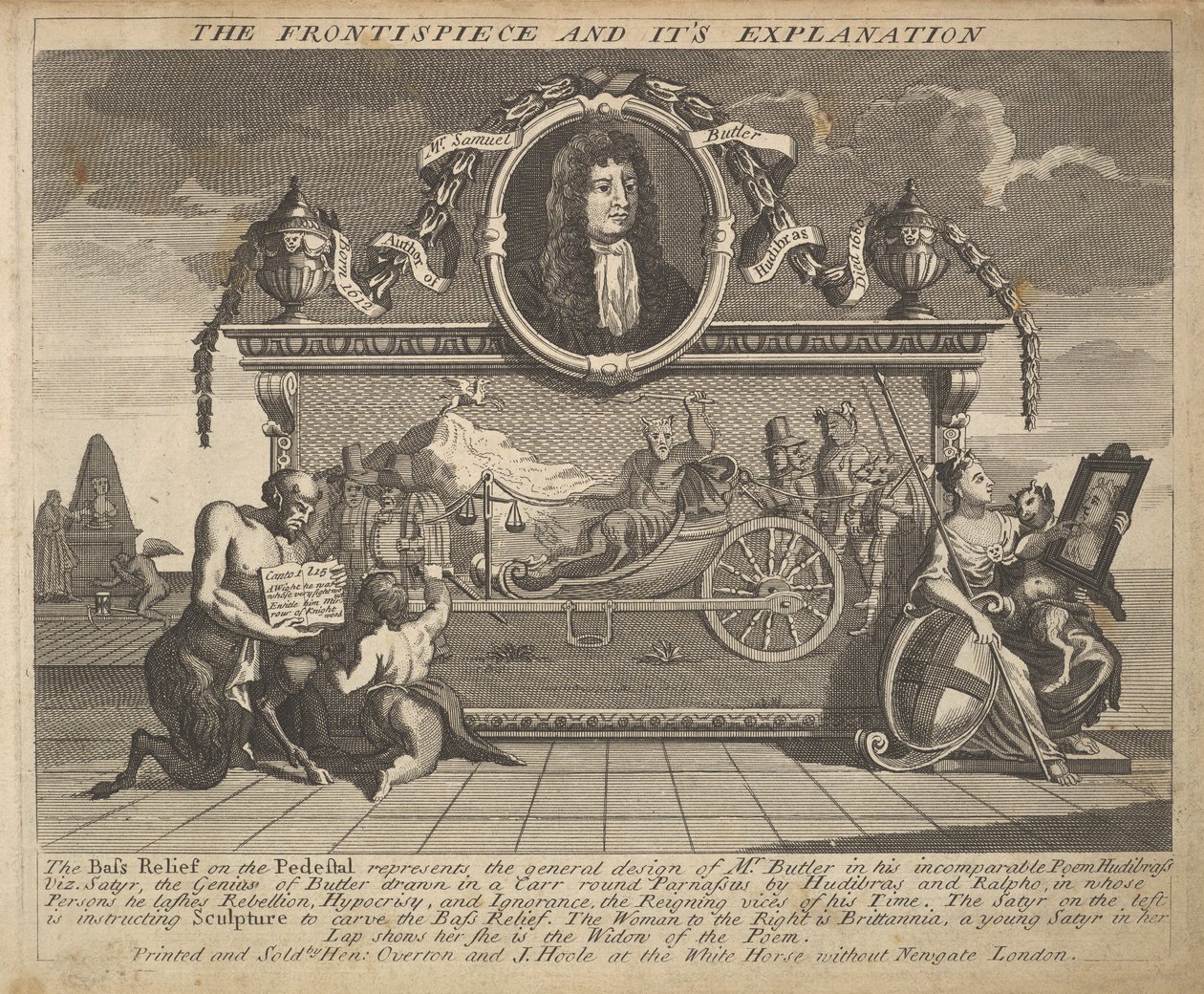 Het frontispice en de uitleg, plaat 1: Illustraties bij Samuel Butlers Hudibras door William Hogarth