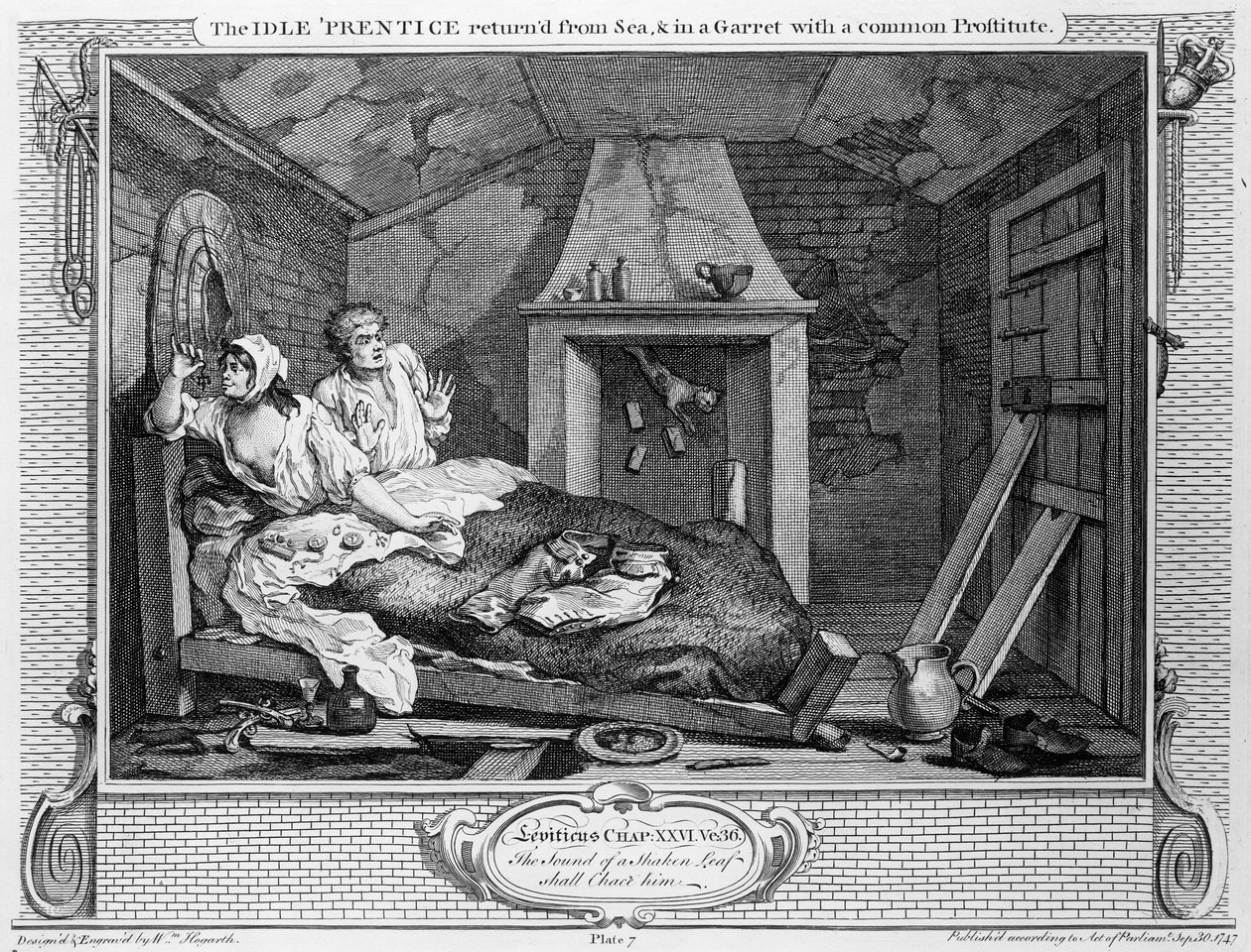De luie leerling keert terug van zee, en in een zolderkamer met een gewone prostituee, plaat VII van 