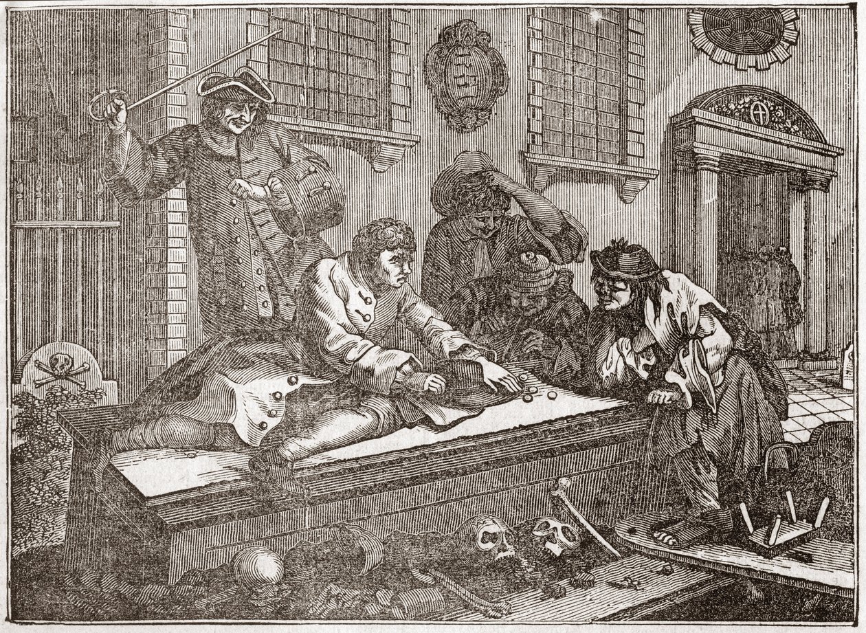 De luie leerling speelt op het kerkhof tijdens de kerkdienst - Plaat uit een serie van 12 gravures door William Hogarth (1697-1764), Britse illustrator, getiteld 