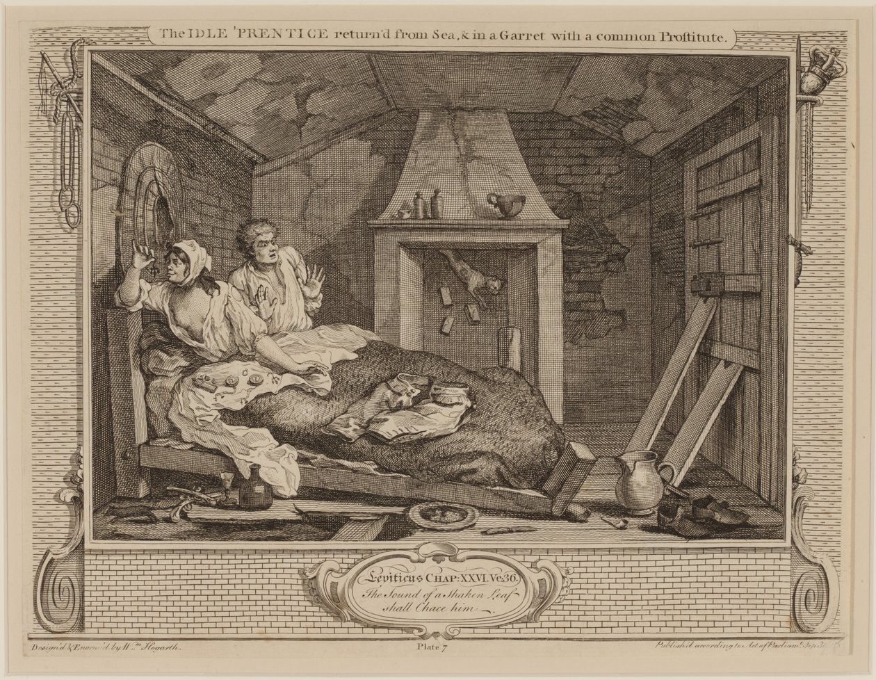 De luie leerling teruggekeerd van zee en in een zolderkamer met een gewone prostituee, uit de serie Industrie en luiheid, oktober 1747 door William Hogarth