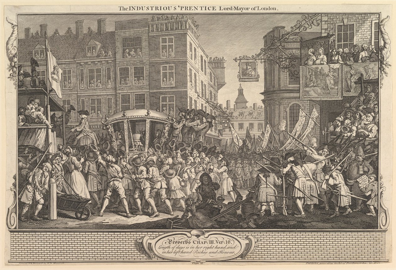 De IJverige Leerling Burgemeester van Londen: Industrie en Luiheid, plaat, 30 september 1747 door William Hogarth