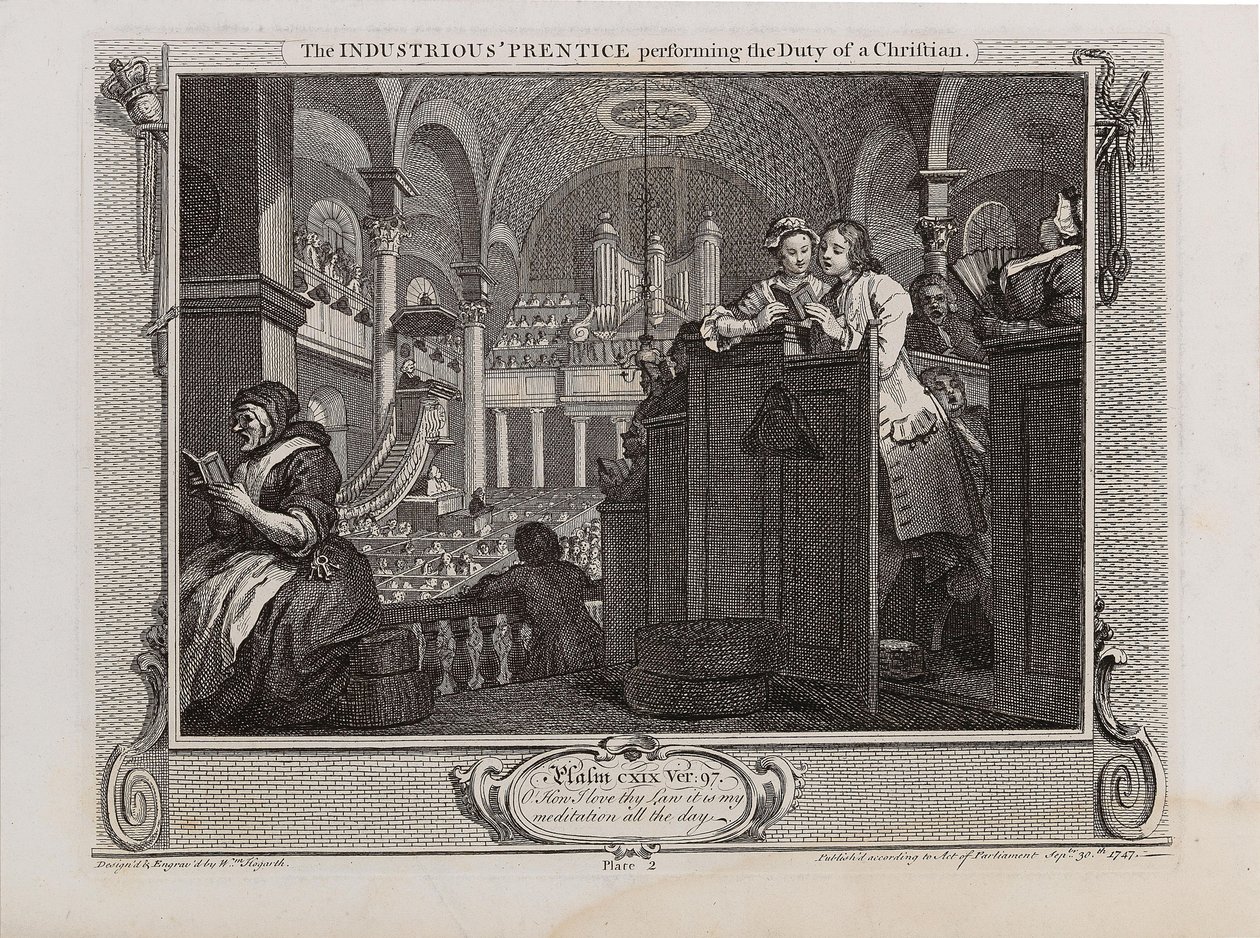 De ijverige leerling die de plicht van een christen vervult. Serie Industrie en Luiheid door William Hogarth