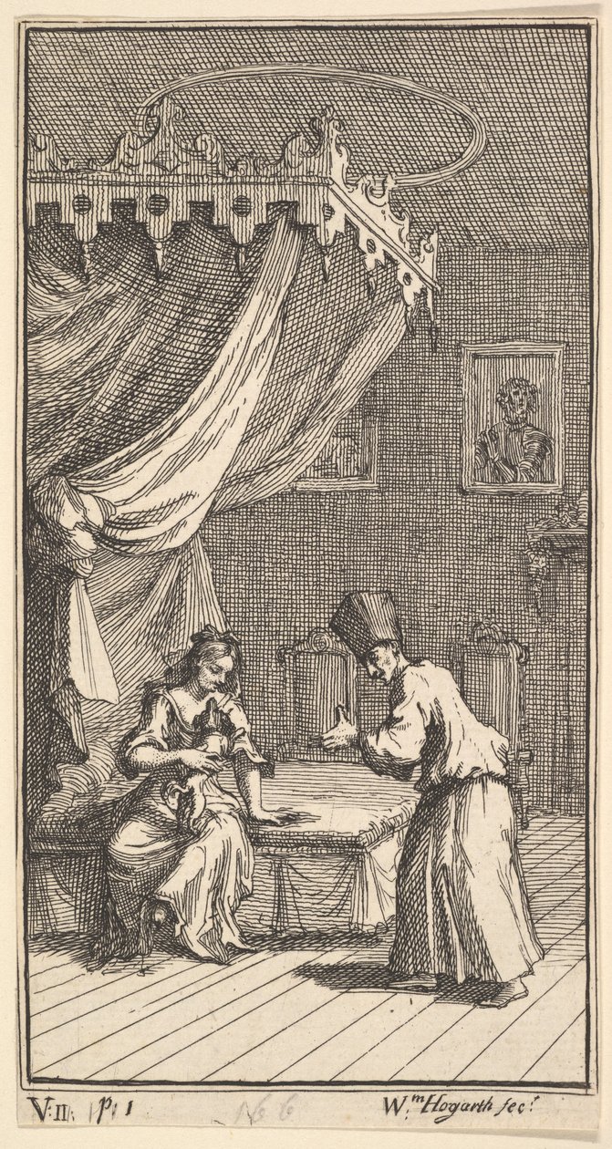 De Nieuwe Metamorfose, Plaat 5: Fantasio, Veranderd in een Schoothondje, 1724 door William Hogarth