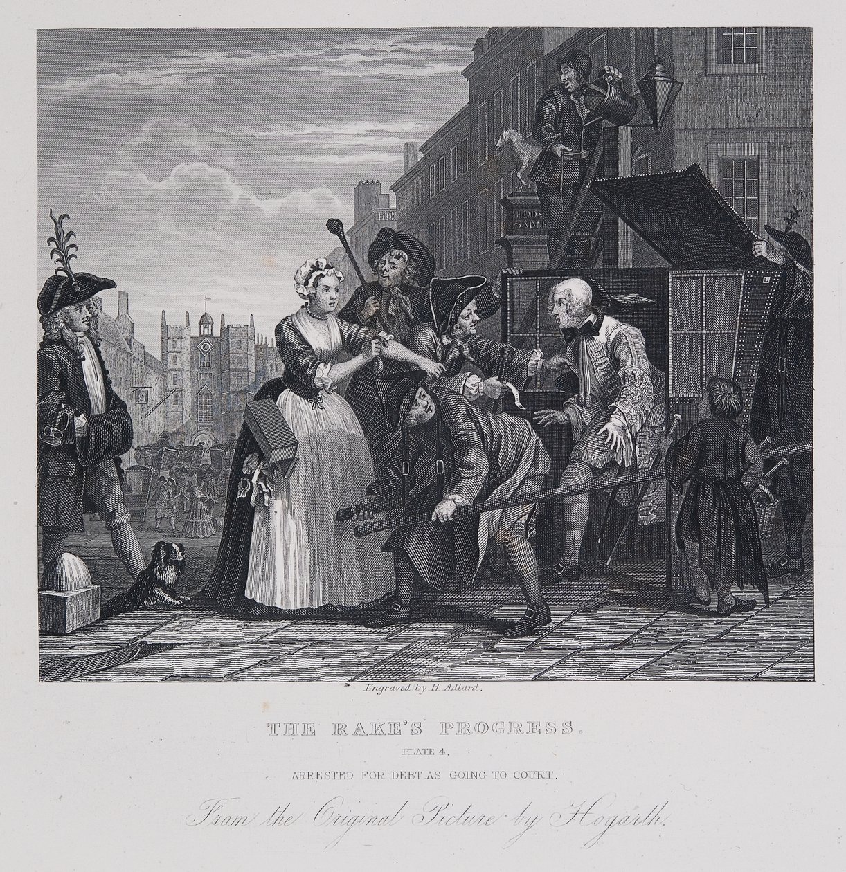 De vooruitgang van de hark: Gearresteerd voor schuld als hij naar de rechtbank gaat door William Hogarth