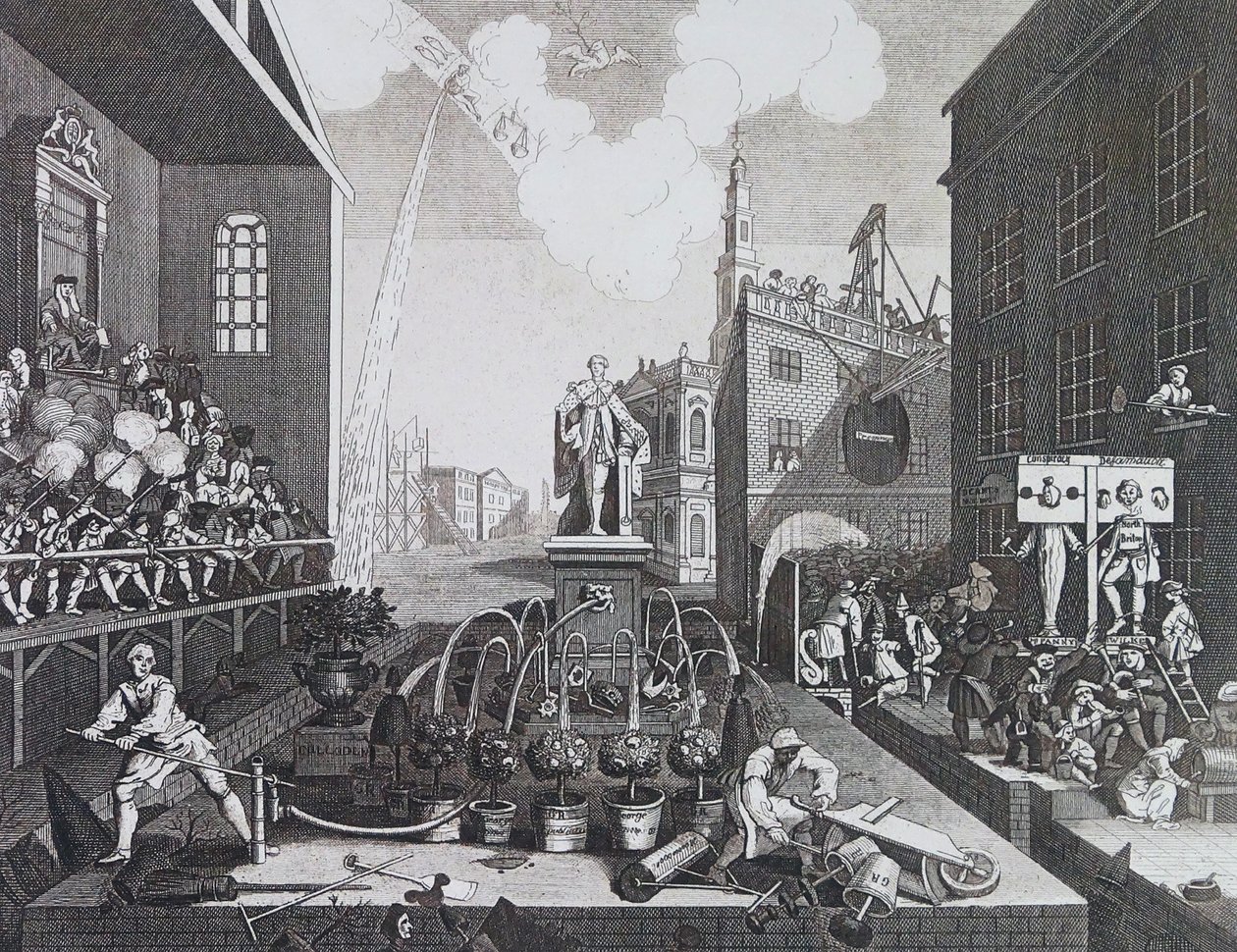 Twee criminelen in een schandpaal of blok in Londen door William Hogarth