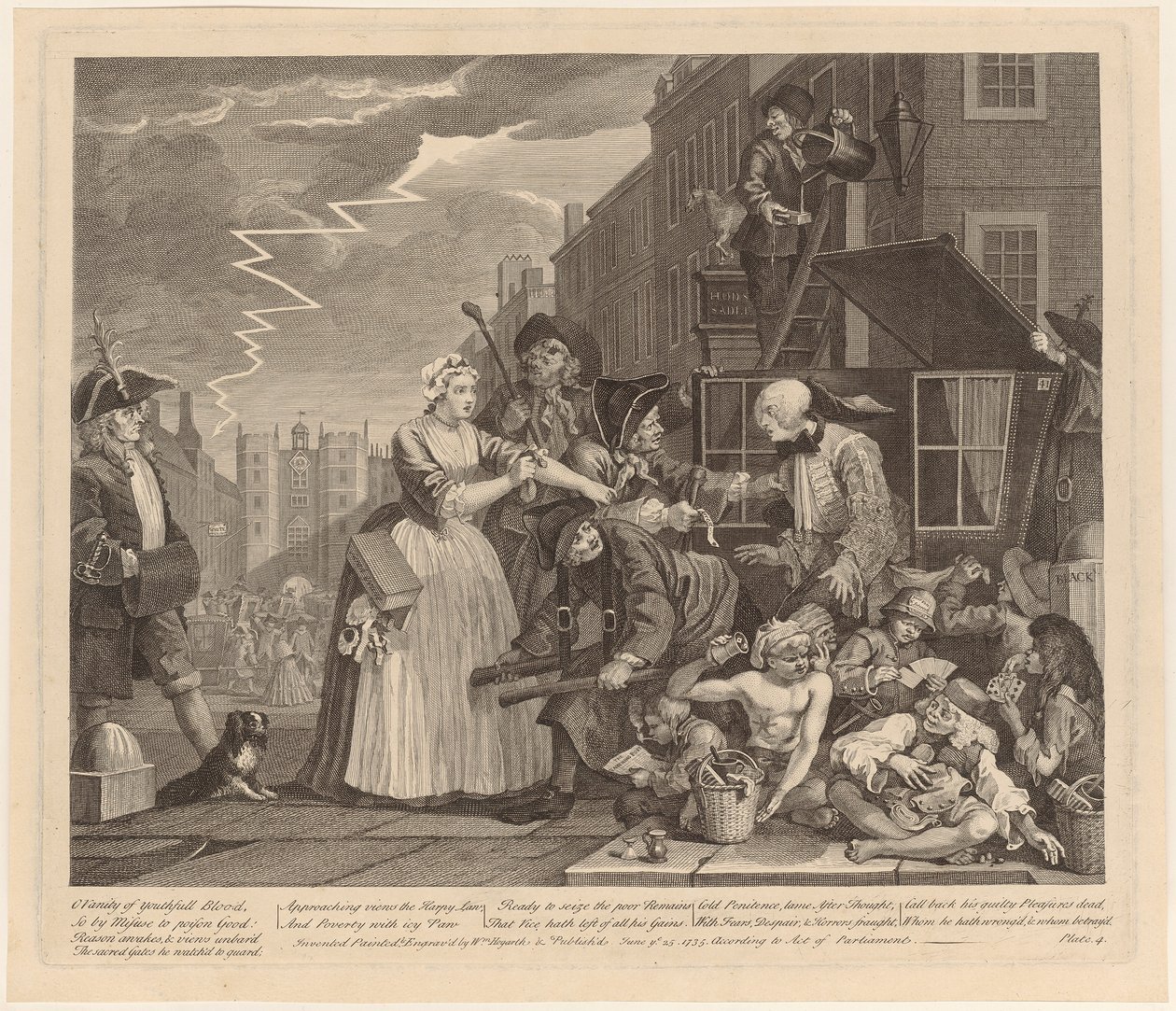 Gearresteerd wegens schulden, plaat 4 uit de reeks "Het leven van een losbol" door William Hogarth
