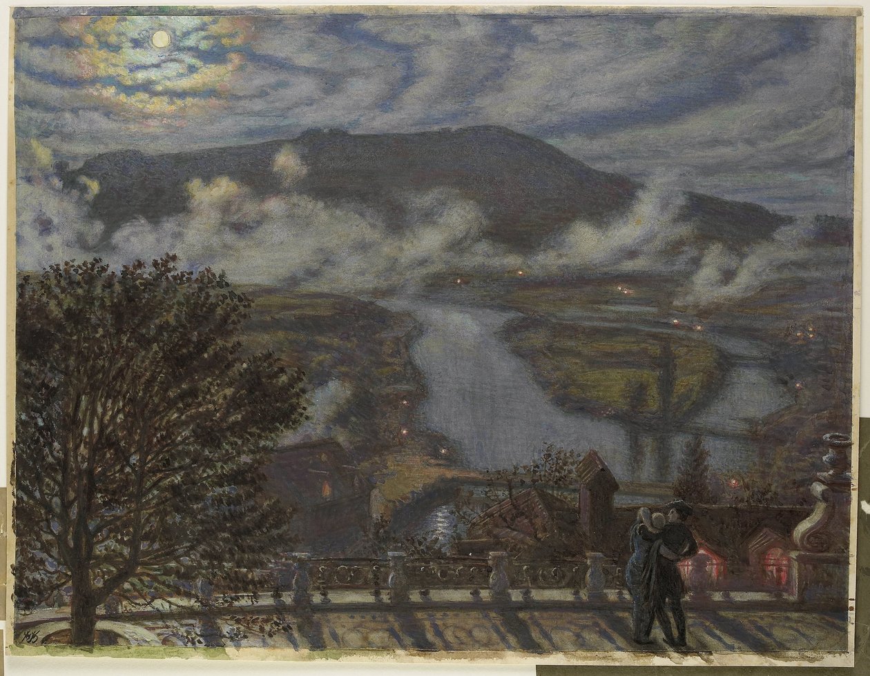 Gezicht vanaf terras op rivierlandschap bij nacht door William Holman Hunt