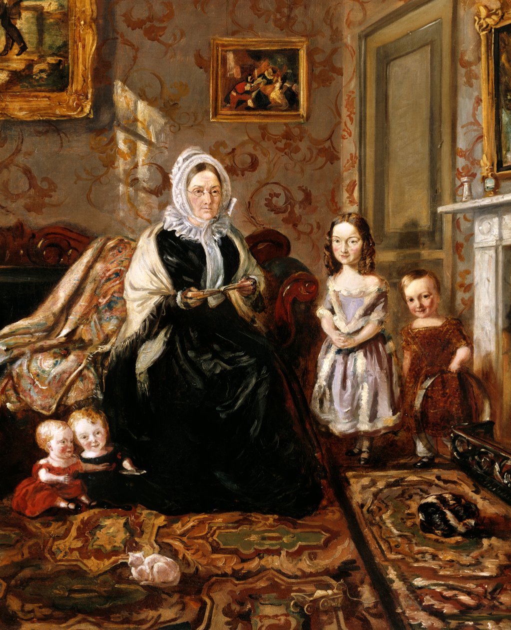 Groepsportret van de schoonmoeder van Henry Clark, mevrouw Davies, en vier van zijn kinderen in de woonkamer van zijn huis, 186 High Street, Homerton, c.1846 door William Holman Hunt