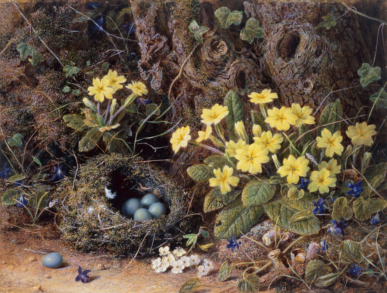 Stilleven met een vogelnest, sleutelbloemen en viooltjes door William Hough