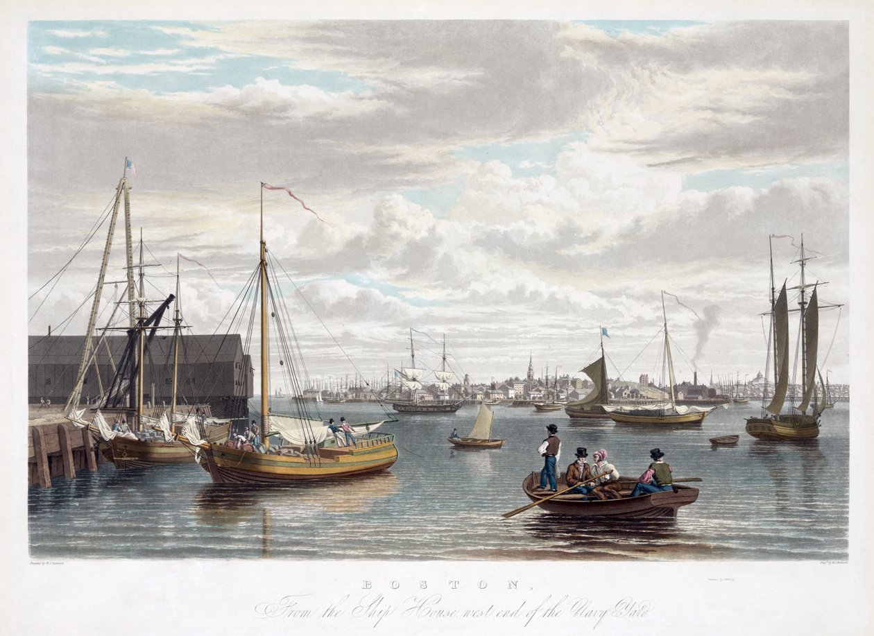 Boston, vanaf het scheepshuis, westkant van de marinewerf, c.1833 door William James Bennett