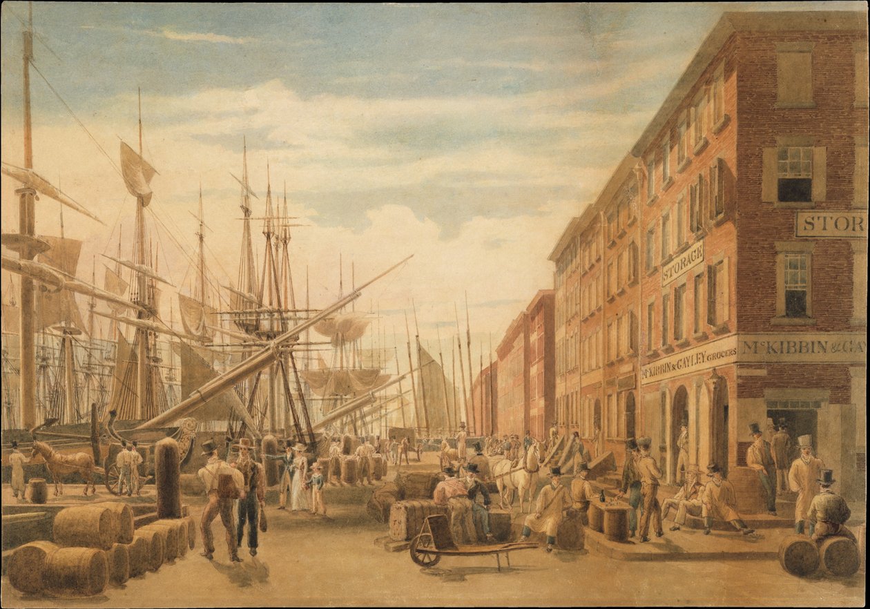 Gezicht op South Street vanaf Maiden Lane, New York door William James Bennett