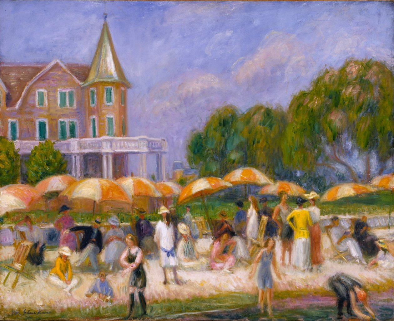 Strandparasols bij Blue Point, ca. 1915 door William James Glackens