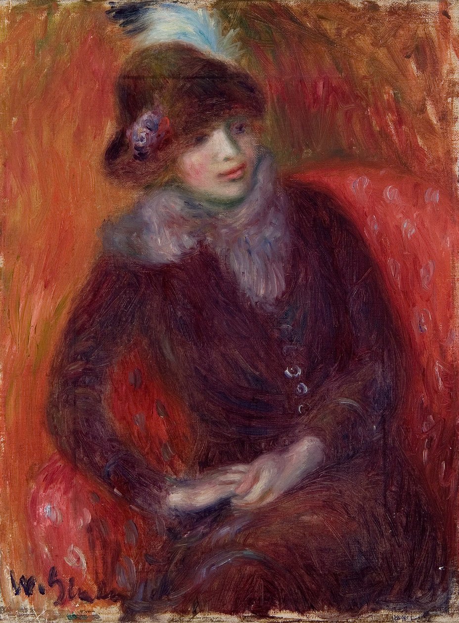 Zittende vrouw met bontkraag en rode achtergrond door William James Glackens