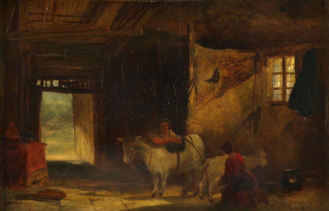 Een Welsh interieur met meisje dat een geit melkt door William James Muller