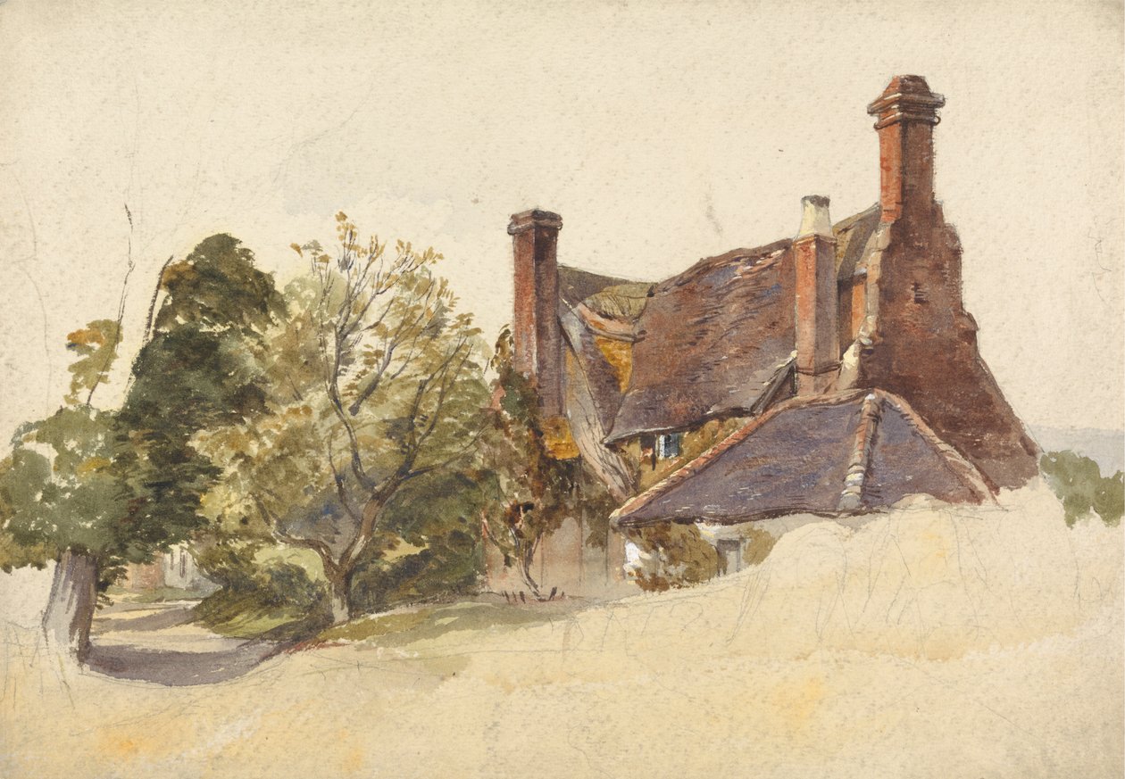 Studie van een huisje bij een laan door William James Muller