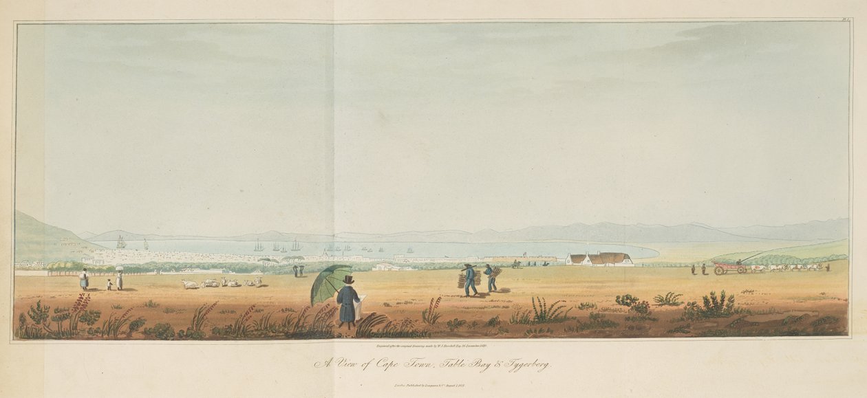 Een uitzicht op Kaapstad, Tafelbaai en Tygerberg, uit Travels in the Interior of Southern Africa, vol. 1 door William John (after) Burchell