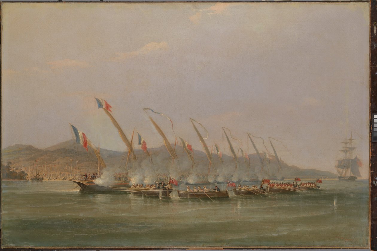 Kapitein Robert Maunsell vangt Franse kanonneerboten bij Java, juli 1811 door William John Huggins