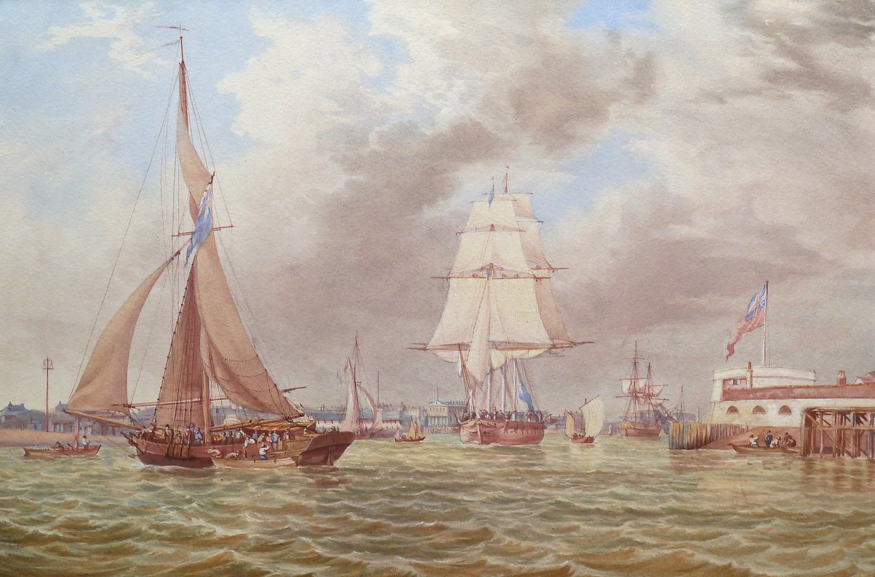 Scheepvaart bij de ingang van de haven van Portsmouth door William Joy