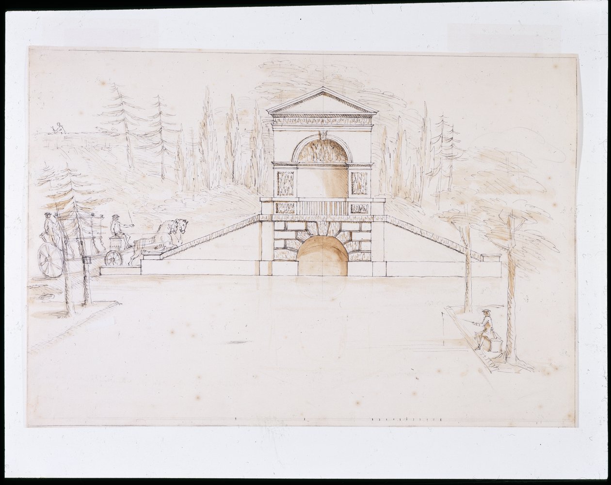 Chiswick, ontwerp voor een fronton waterval gecombineerd met een wegbrug aan het einde van het kanaal door William Kent
