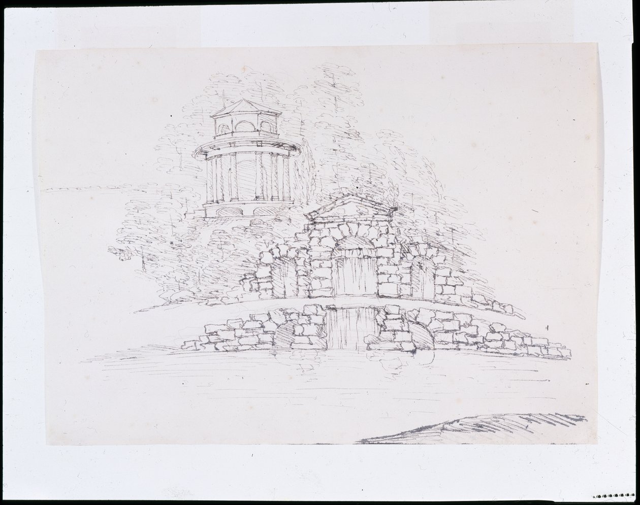 Chiswick, ontwerp voor een rotsachtige waterval met een achthoekige Dorische tempel op het terras erachter door William Kent