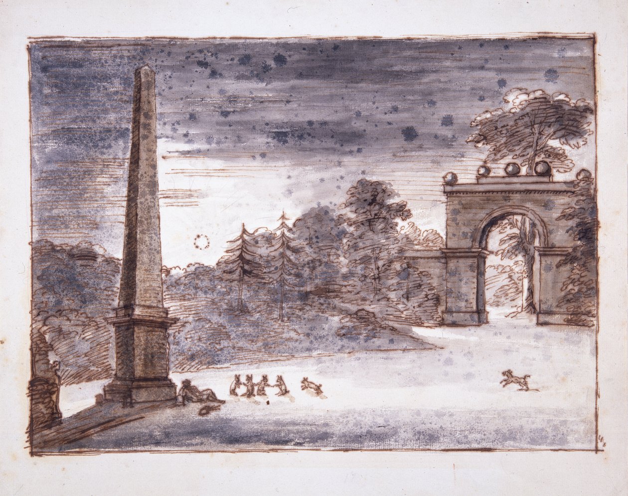 Chiswick, de Burlington Lane Gate en de Obelisk in het maanlicht met Kent zittend bij de Obelisk dromend, en met konijnen die spelen, ca. 1732 door William Kent