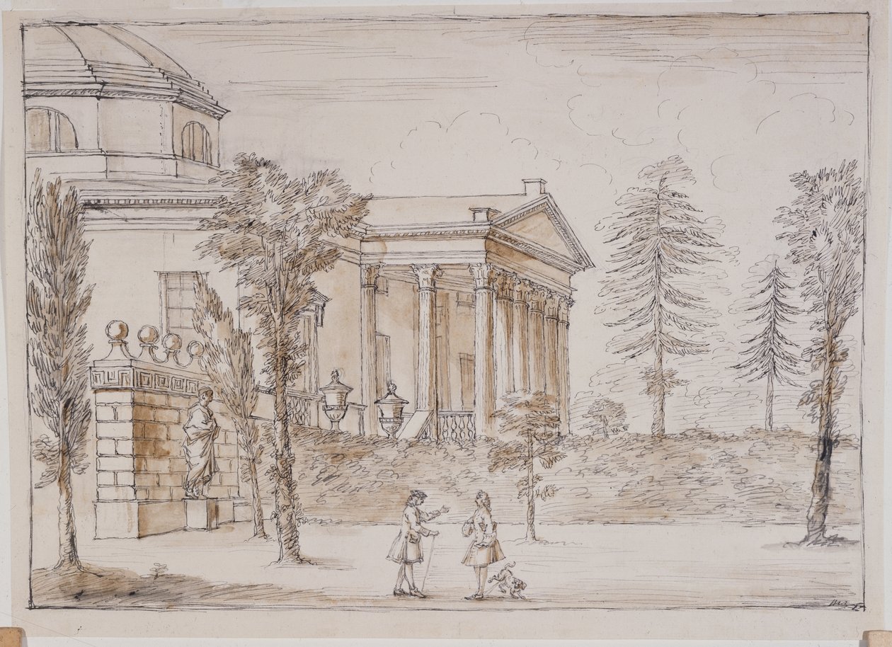 Chiswick, uitzicht op de villa vanaf de kant van het standbeeld van Palladio door William Kent