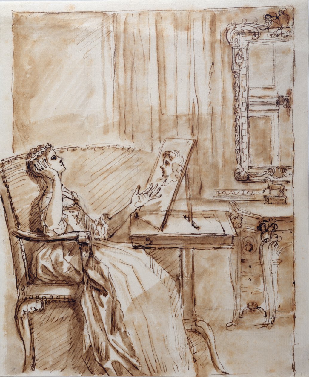 Lady Burlington zittend in haar tuinzaal bewondert een oude meester (?) tekening door William Kent