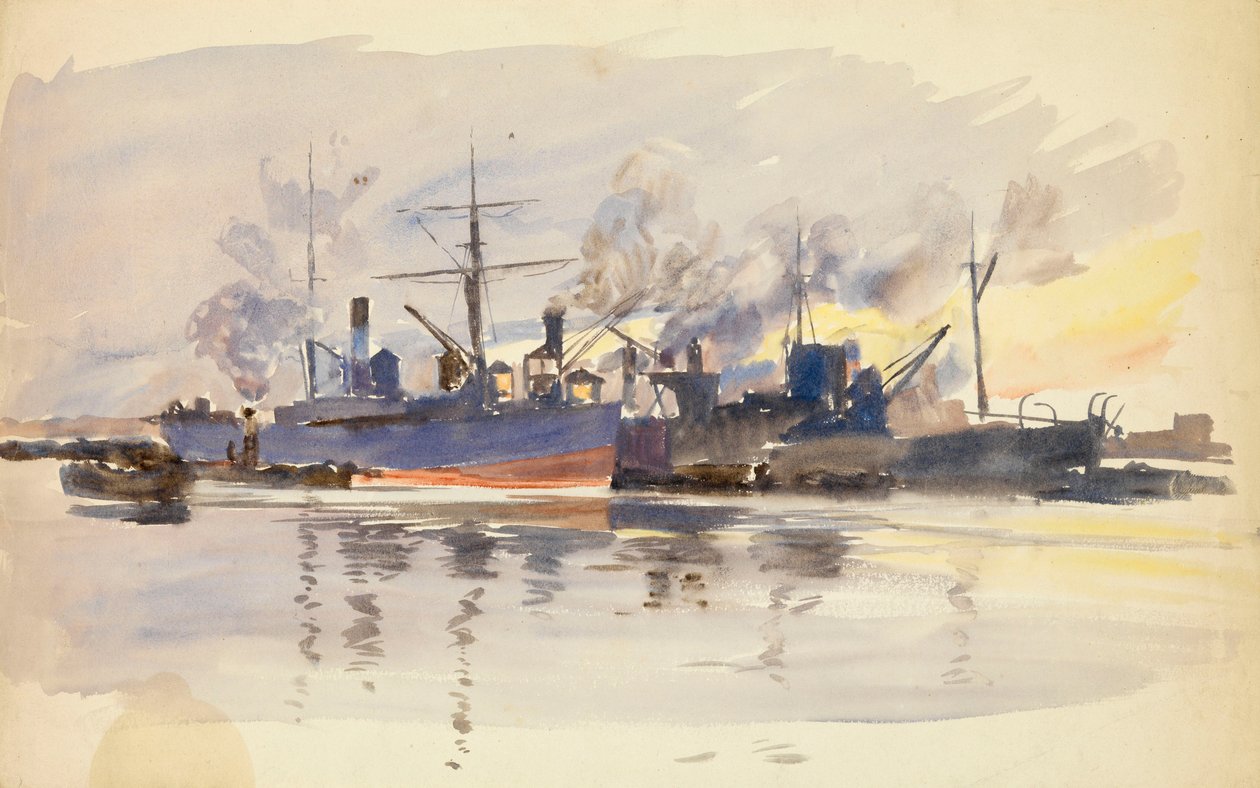 Schets van koopvaardijschepen in de haven door William Lionel Wyllie
