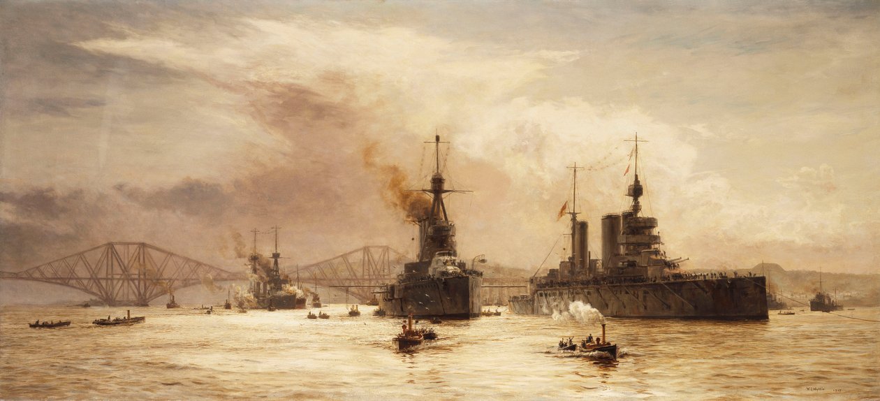 Het Eerste Slagsquadron vertrekt uit de Forth voor de Slag bij Jutland, 1917 door William Lionel Wyllie