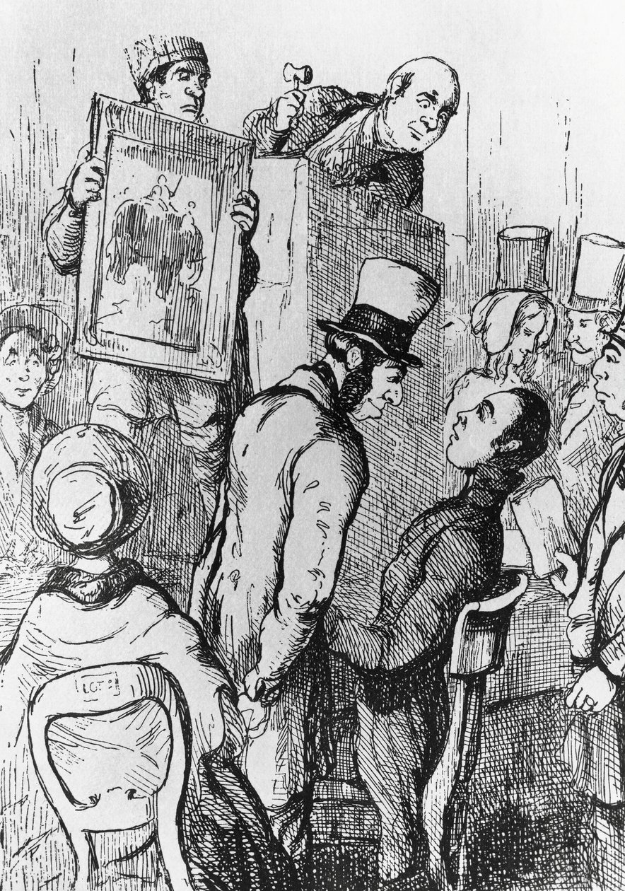 Olifant te koop, illustratie voor het 17e hoofdstuk van Vanity Fair, roman door William Makepeace Thackeray (1811-1863), gravure naar tekening door William Makepeace Thackeray (1811-1863), gepubliceerd in Chicago in 1882 door William Makepeace Thackeray