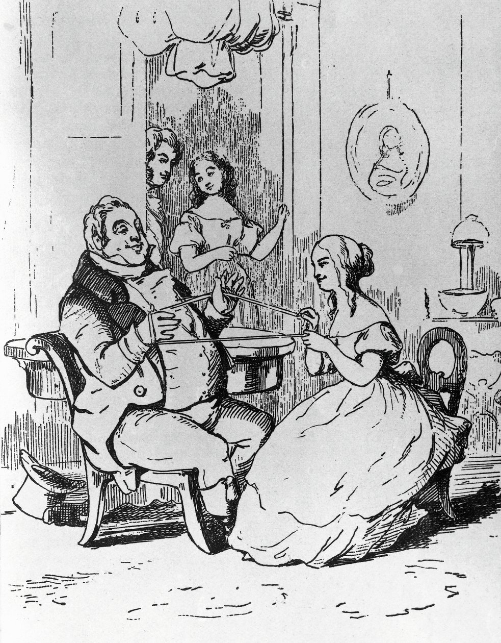 Mr Joseph Sedley verstrikt door Becky Sharp, illustratie voor het 1e hoofdstuk van Vanity Fair, roman door William Makepeace Thackeray (1811-1863), gravure naar tekening door William Makepeace Thackeray (1811-1863), gepubliceerd in Chicago in 1882 door William Makepeace Thackeray