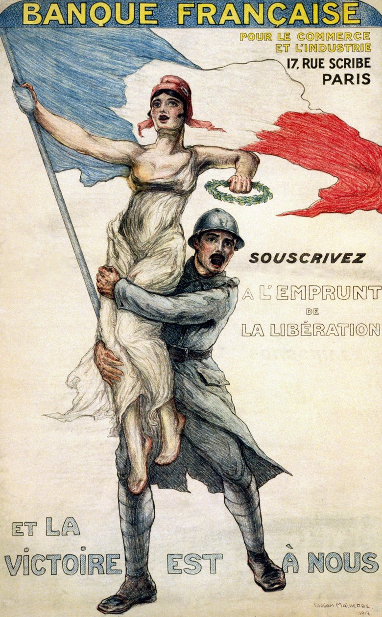 Franse Bank voor Handel en Industrie. Poster voor de nationale lening: "Abonneer op de Bevrijdingslening en de Overwinning is Binnen" - ill. door William Malherbe door William Malherbe