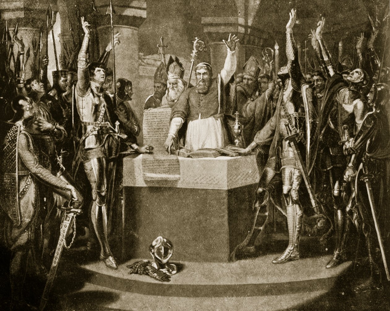 De eed van de baronnen, 1214, illustratie uit Hutchinsons verhaal van de Britse natie, ca. 1920 door William Martin