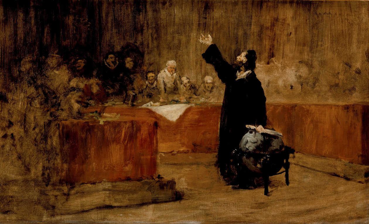 Schets voor een schilderij - Columbus voor de Raad van Salamanca (A) door William Merritt Chase