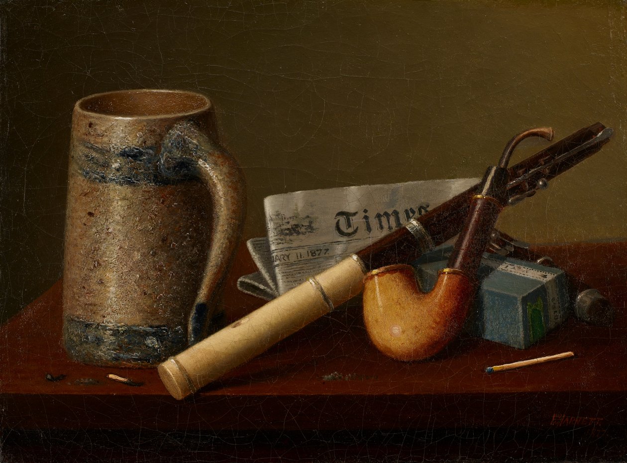 Stilleven met fluit en The Times door William Michael Harnett