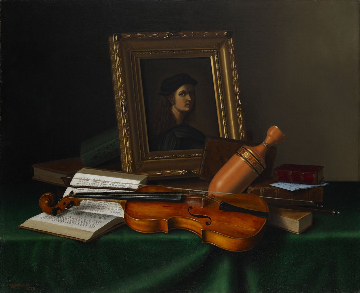 Stilleven met portret van Rafaël door William Michael Harnett