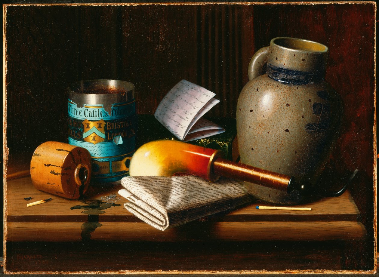 Stilleven met drie kastelen Tabak door William Michael Harnett